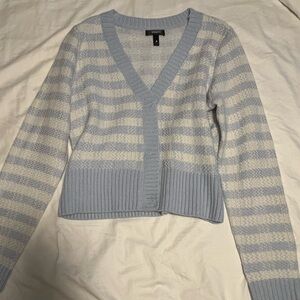 Aqua V-Neck Stripped Cardigan in blue and white